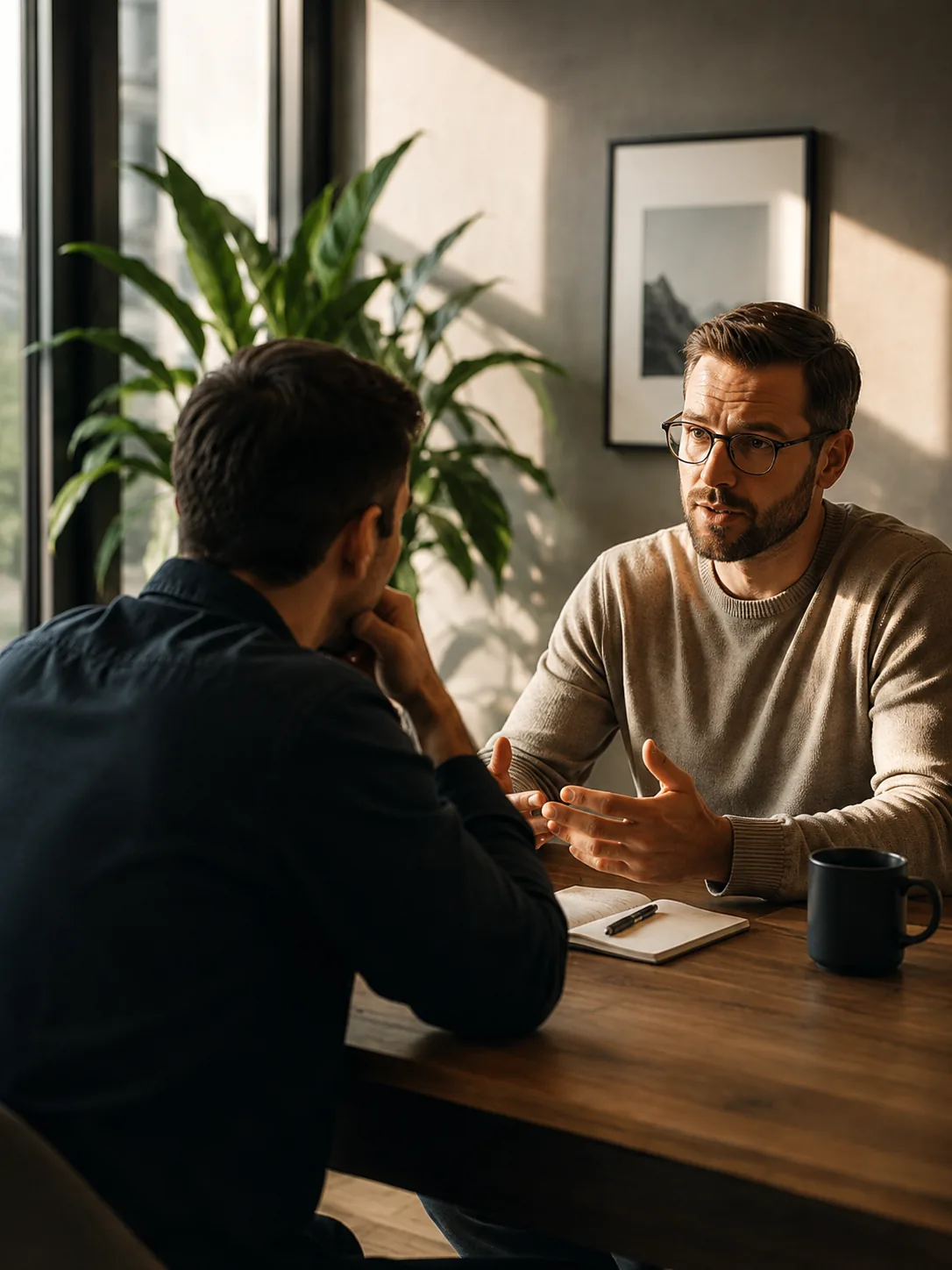 Two founders in a focused operational assessment conversation